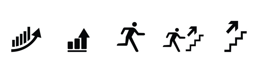 Fototapeta premium Business growth success vector icon set featuring chart bars upward arrow running man climbing stairs concept