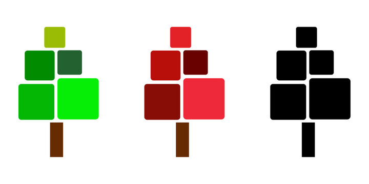 Logo &aacute;rbol geom&eacute;trico. Grupo de dibujos sencillos de un &aacute;rbol abstracto con follaje formado por varios cuadrados, en color verde, rojo y negro 