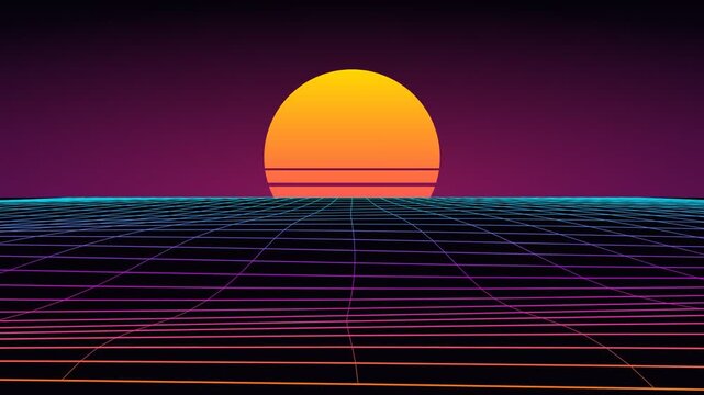 Retro 80s synthwave landscape with neon grid and sunset