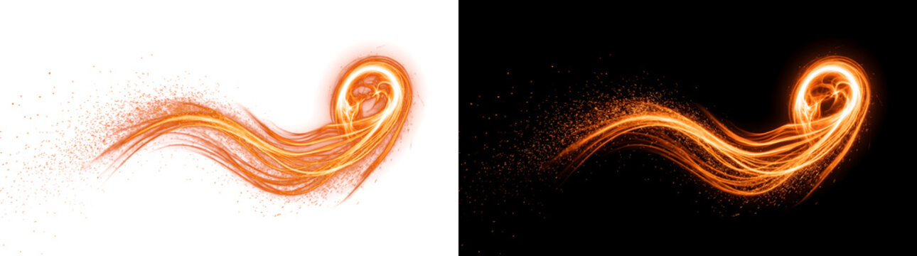 Orange fire swirl curves into a glowing spiral with scattering sparks across black, ideal for dynamic effects in PNG, Transparent and Black Background Versions