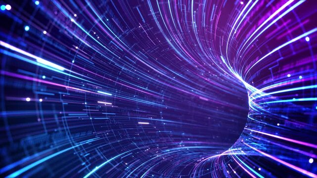 Magenta light trails rush digital tunnel filled particles, grids, circuit. rapid data transfer, artificial intelligence, 19 intros, cyber visuals, gaming, network communication backgrounds.