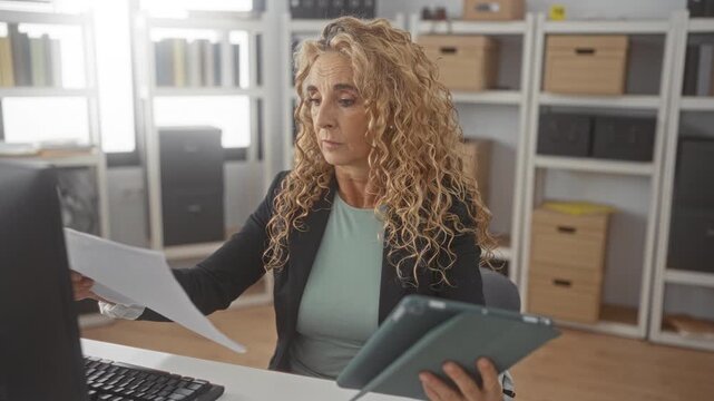 Woman middle aged blonde holding tablet and papers, hand visible, reading and comparing documents at office desk; calm concentration diligence.