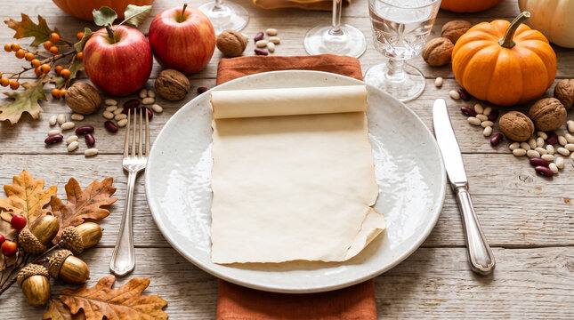 Autumnal harvest table setting with pumpkins, apples, nuts, and oak leaves, symbolizing abundance and cozy dining, with a blank scroll for text