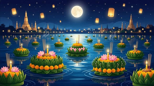 Moonlit Lotus Lake Loy Krathong Festival Illustration