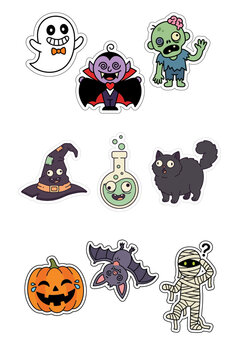Set of cute cartoon Halloween stickers including ghost, vampire, zombie, black cat, pumpkin, bat, and mummy. Playful vector holiday illustrations isolated on white