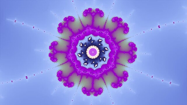 Psychedelic Iridescent Fractal Spiral with Shifting Yellow Pink and Blue Colors, Abstract Motion Graphic Background