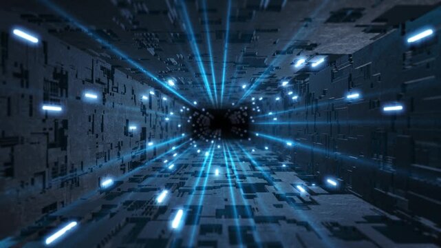Shadowy science fiction passage glows blue light beams converging energy lines, speed, technological mystery. virtual worlds, gaming trailers, innovation broadcast openers, cinematic transitions.
