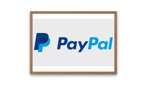 Paypal logo displayed in wooden frame for digital payment brand editorial illustration.