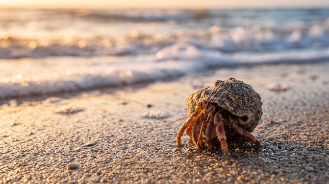 Macro shot of hermit crab emerging from seashell on wet sandy beach at sunset golden hour.