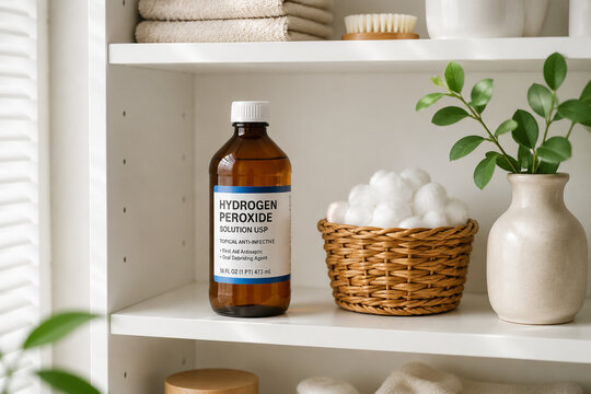 Amber glass hydrogen peroxide bottle with wicker basket and cotton balls on white shelf, home care and pharmacy concept