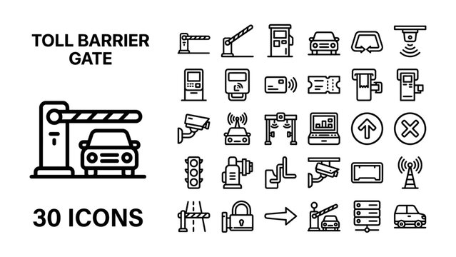 Toll Barrier Gate Icon Set: A comprehensive collection of 30 line art icons representing various aspects of toll road systems, including gates, vehicles, payment methods, and security.