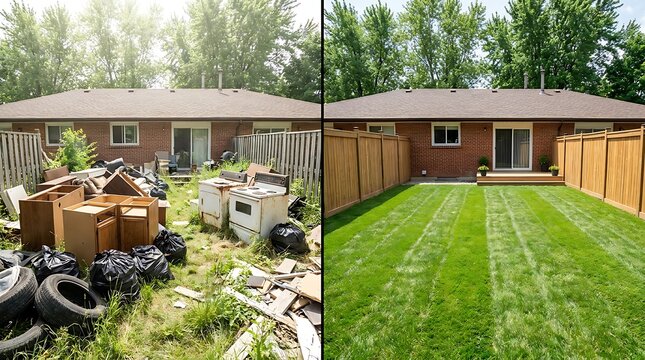 Before and after view of residential garden cleanup service converting chaotic backyard filled with scrap metal and junk into beautiful manicured lawn with fence.