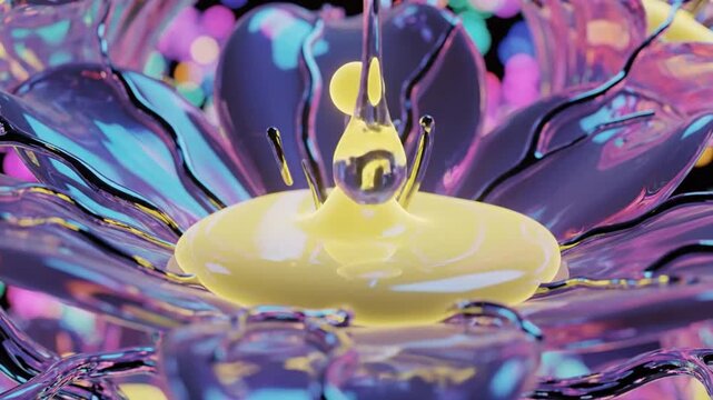 Abstract 3D animation of yellow drop falling into glass flower petals with colorful bokeh background.
