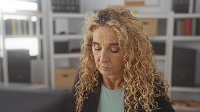 Woman with curly blonde hair at computer touching her face and gesturing with hands in an office lined with shelves, binders and storage boxes; concern explaining.