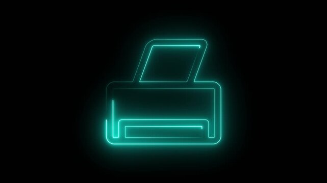 Neon blue printer icon glowing on black background