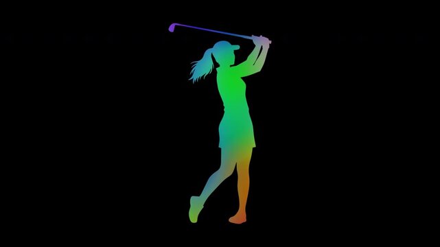 Colorful abstract patterns of golf swing by a female athlete, alpha channel, looping