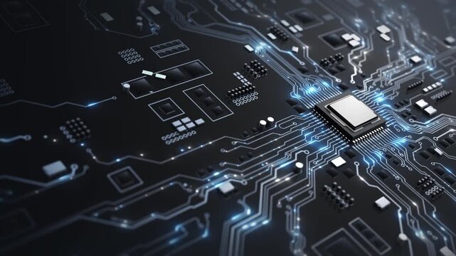A polished processor sits circuit board as currents electronic pathways, computing power. semiconductors, artificial intelligence, engineering, cybersecurity, robotics, cloud systems, chip 19.