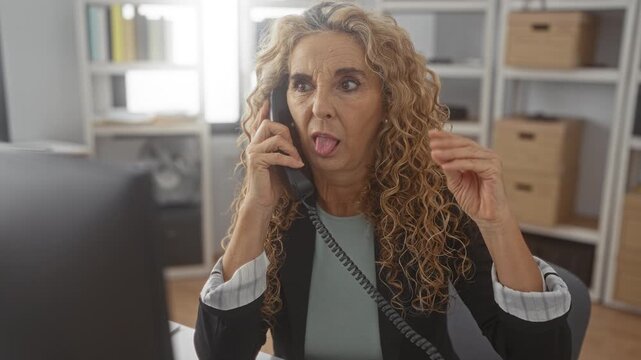 Woman on telephone holds receiver to ear with one hand raised palm up inside an office building, curly blonde hair and tense puzzled expression; frustration concern.