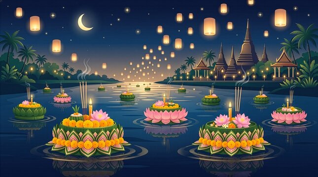 Luxury Loy Krathong Floating Lantern Festival Illustration