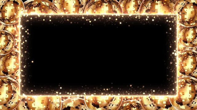 Shimmering mirror balls, warm glitter, radiant gold border frame empty dark title . dance parties, holiday greetings, concert graphics, gala events, countdowns, product reveals, celebration promos.