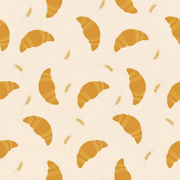 Golden croissant seamless tileable bakery pattern on beige for cafe packaging and kitchen textile.
