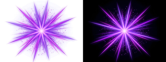 Purple energy burst radiates glowing star rays with sparkling particles on black, ideal for magic effects in PNG, Transparent and Black Background Versions © Guddoo