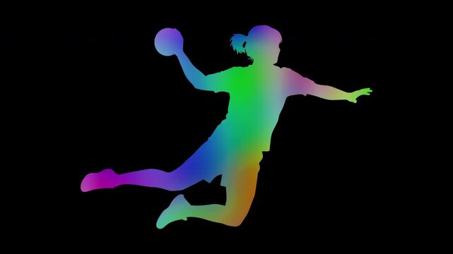 Colorful abstract patterns of handball action by a female athlete, alpha channel, looping