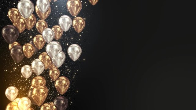 Elegant balloons golden glitter glamorous border black background room for text. premium party ads, gala invitations, award announcements, holiday greetings, corporate milestones, and festive branding