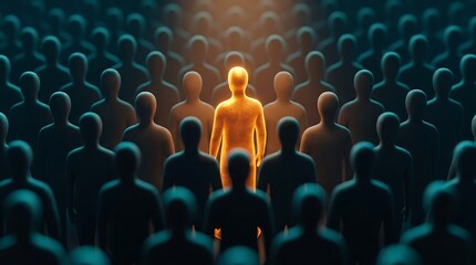 Fototapeta premium One glowing orange person stands out from a dark crowd of figures, symbolizing individuality and leadership against a backdrop of conformity and unity.