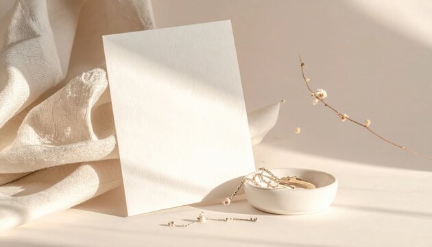 Blank paper card mockup on beige textured fabric with delicate branch and ceramic bowl, wedding invitation display