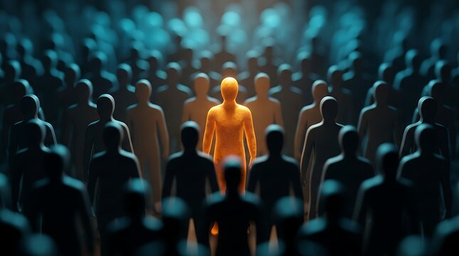 One glowing orange person stands out from a dark crowd of figures, symbolizing individuality and leadership against a backdrop of conformity and unity.