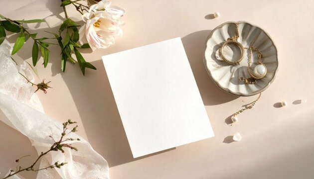 Blank paper stationery card mockup with jewelry, fresh flowers and lace ribbon, feminine aesthetic, wedding invitation, event branding