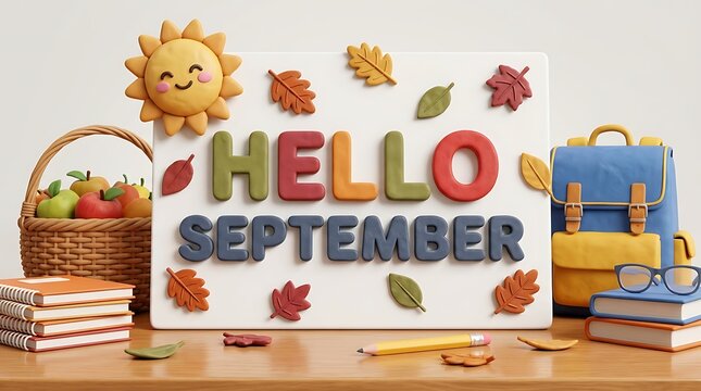 Adorable cartoon sun with smiling face on a white board with the words hello september surrounded by autumn leaves, books, apples, backpack, and glasses.