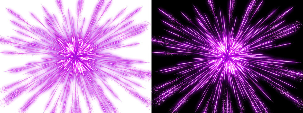 Purple starburst firework explodes with sharp glowing rays and scattering sparkles on black, ideal for celebration design in PNG, Transparent and Black Background Versions