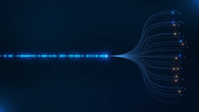 Data paths connect glowing points binary digits digital network. artificial intelligence, machine learning, neural systems, algorithms, cloud computing, analytics, automation technology backgrounds.