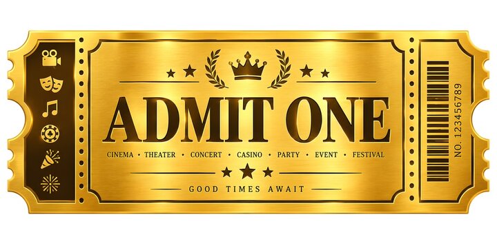 Luxury Golden Admit One Ticket Template for Cinema, Concert, Theater and Event. 