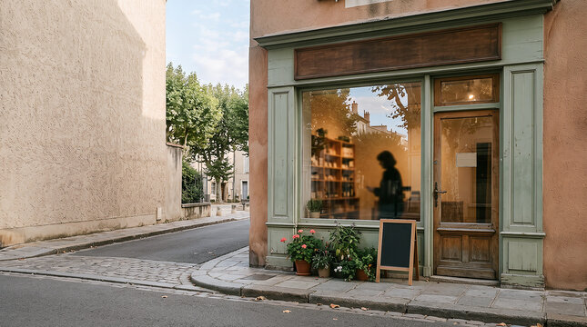 Empty blank sign above small shop exterior facade on a cobblestone street with window display