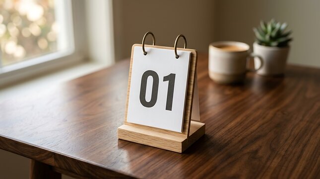 Wooden calendar block displaying first day of month on a rich dark walnut table next to small coffee cup and green potted succulent plant near window.