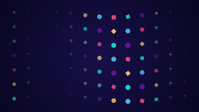 Minimal geometric pattern with colorful floating shapes on dark background, concept for digital technology interface, modern website wallpaper, creative graphic design and abstract data visualization
