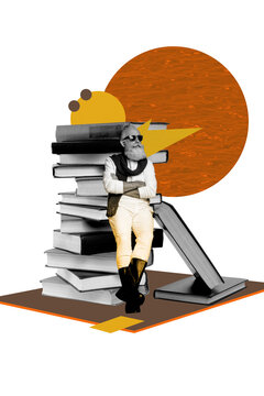 Composite trend artwork 3D sketch image collage of copyspace education student study professor aged man stand pile book library&nbsp;pensioner