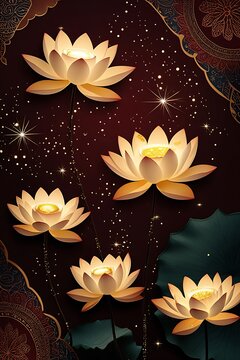 Glowing lotus flowers floating dark water sparkling lights patterns photos