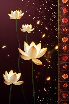 Glowing white lotus flowers golden sparkles floral border photos