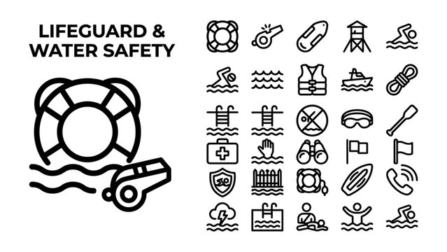 Lifeguard and Water Safety Icons: A collection of vector graphic icons representing lifeguard services and water safety, including a life preserver, whistle, rescue buoy, first aid kit.