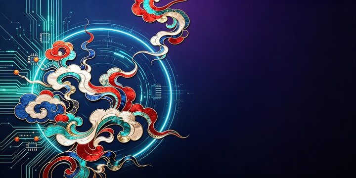 Deep Blue Glowing Circuit Boards Embroidered Clouds Tech Oriental
