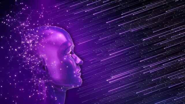 Futuristic digital face meets fast glowing rich scene copy space. generative AI, deep learning, biometric analysis, data processing, virtual assistants, innovation campaigns science presentations.