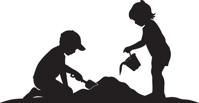 Silhouette of Two Children Playing in the Sand with Shovel and Bucket Vector Illustration