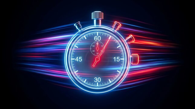 Fast stopwatch with neon blue and red light streaks for speed and time management concepts in digital space.