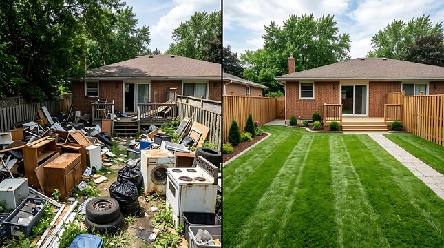 Yard clean up transformation showing messy junk removal and landscaping to beautiful neat lawn and garden.