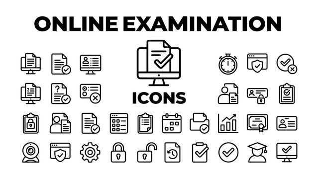 Online Examination Icons: A collection of clean, modern line icons representing various aspects of online examinations, testing, and assessments, ideal for educational technology and web design.