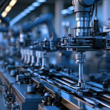 Advanced robotic arm performing precise industrial automation on an assembly line in a modern high-tech manufacturing facility with blue lighting